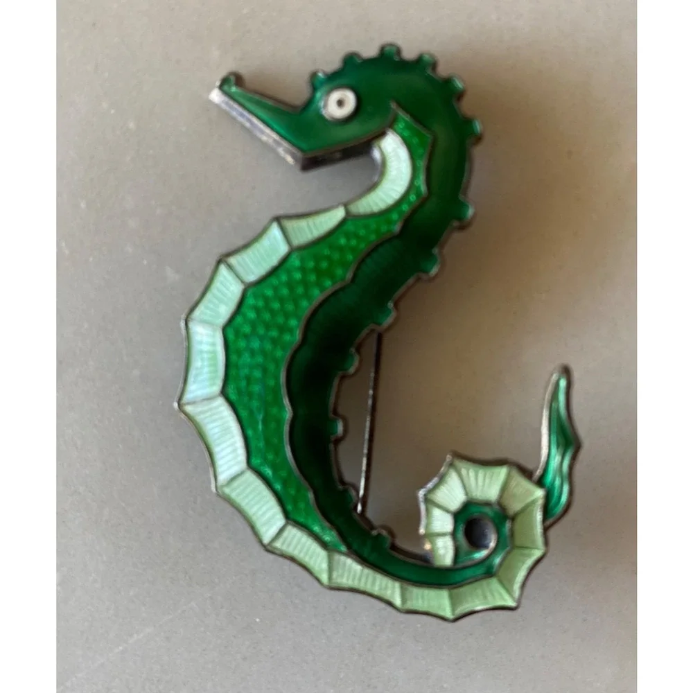 DAVID ANDERSEN Norway 925 Sterling Gilt & Enamel Seahorse Brooch Green Authentic